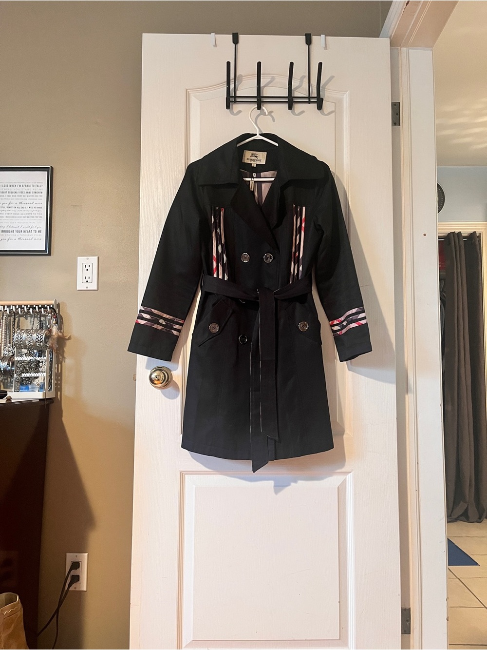 Vintage 2000’s Burberry Black Trench Coat with Pink and Cream Stripe Accents